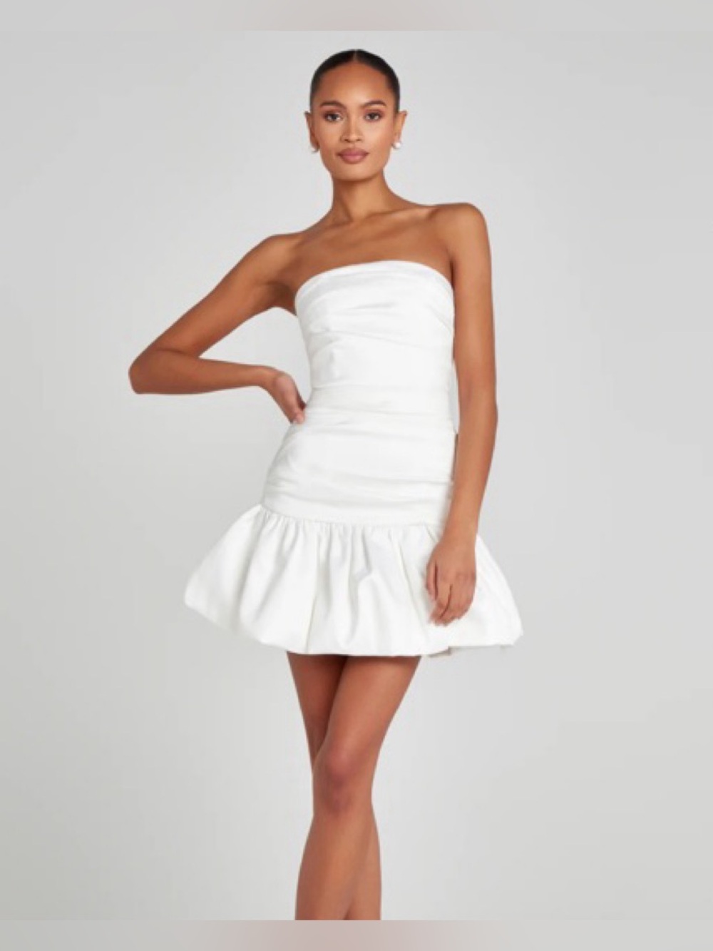 NADINE MERABI White Strapless Ruched Puffed-Hem Mini Dress